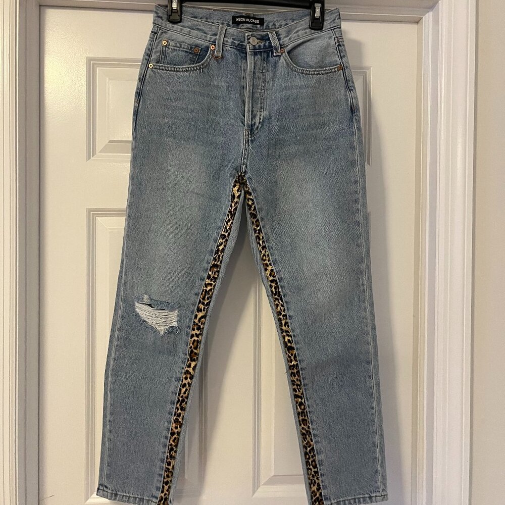Neon Blonde Jeans with leopard print inseam